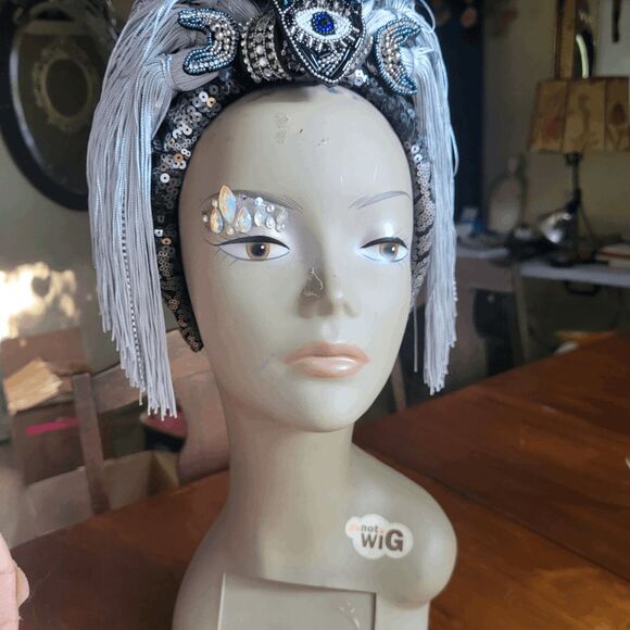 Moon Goddess Dark Heart Festival Headpiece Silver and Black by Brebitz Haloween - Picture 12 of 12